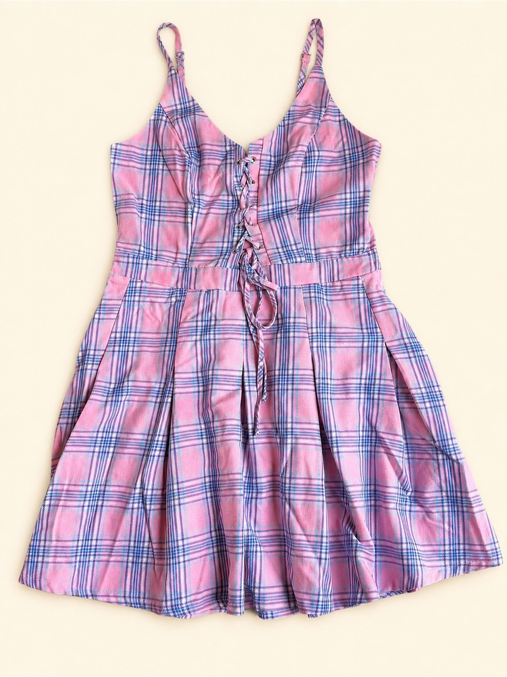 Hot Topic Pink Plaid Lace Up Skater Dress LG Y2K Grunge Goth Coquette